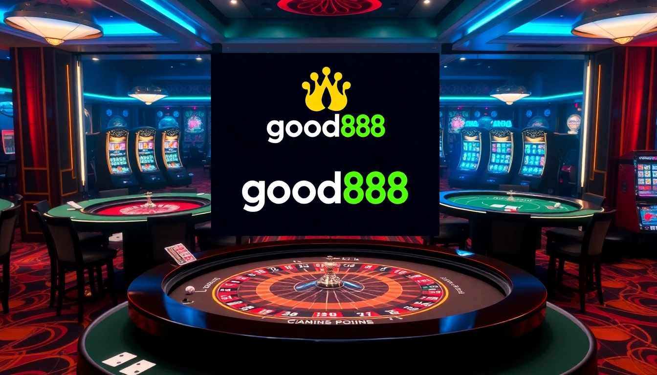 Exciting online gambling experience with good88 logo on interactive casino tables.