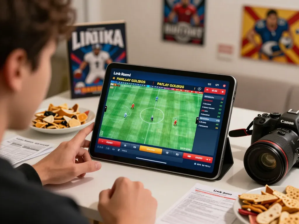 Engaging in sports betting using Link Resmi Parlay Golbos with a tablet at home, showcasing excitement and interaction.