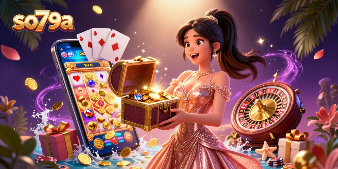 Experience the excitement of so79a with a joyful casino scene showcasing a treasure chest of winnings.