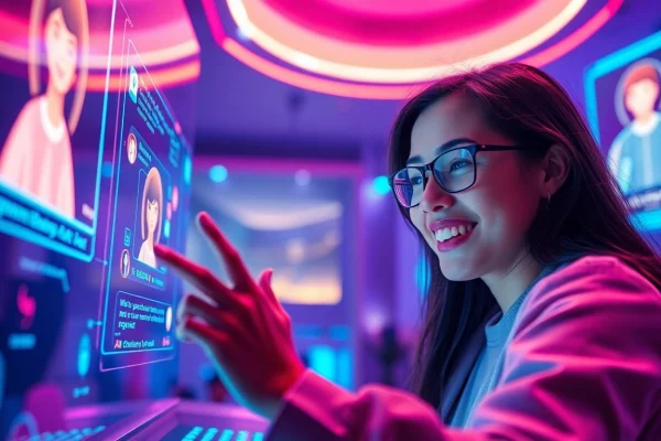 Engaging with Crushon AI on a futuristic digital interface showcasing lively holographic characters.