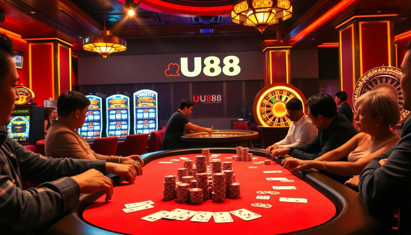 Exciting poker game at UU88 casino table with vibrant chips and cards.