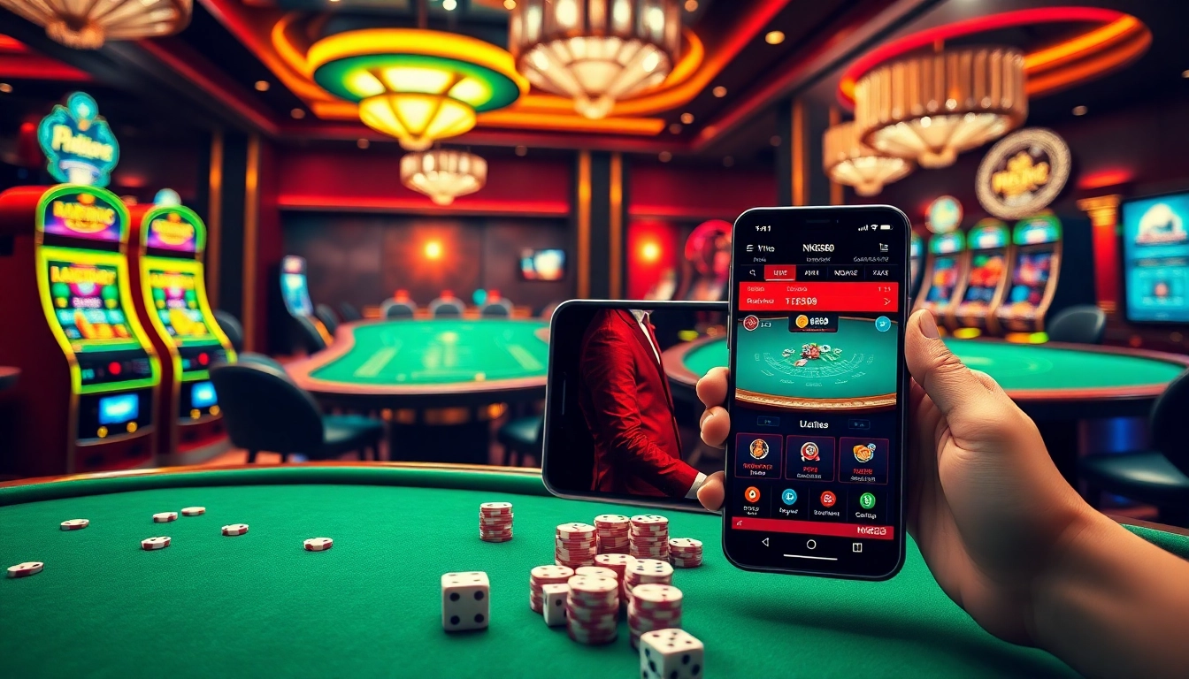 Experience thrilling gambling at https://nk88s.net/ with energetic casino visuals showcasing poker chips and slot machines.