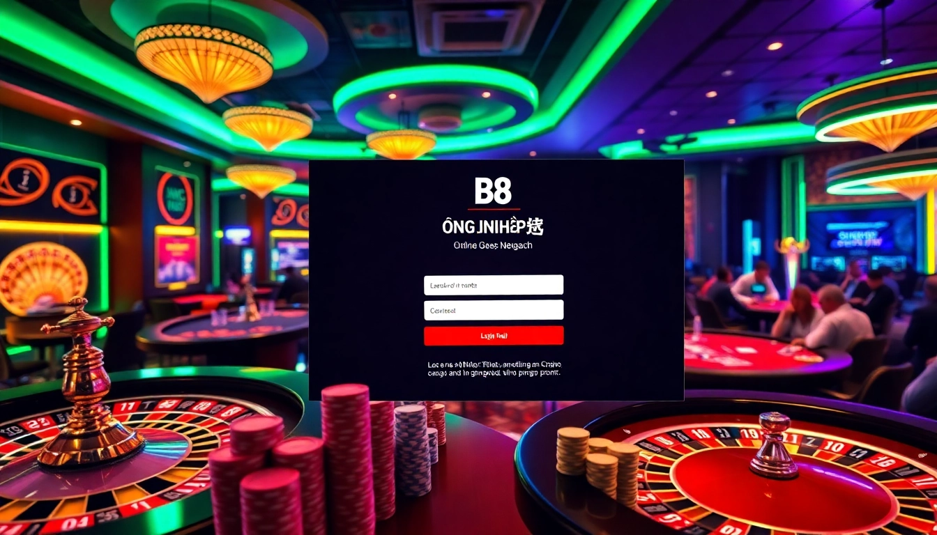 Login page for ĐĂNG NHẬP B8 with vibrant casino atmosphere and gaming elements.