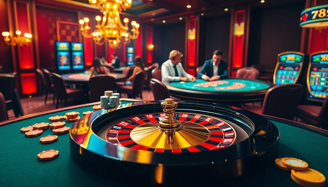 Players engaging in high-stakes poker while enjoying casino vibes at https://789p.gives/ with elegant roulette tables.
