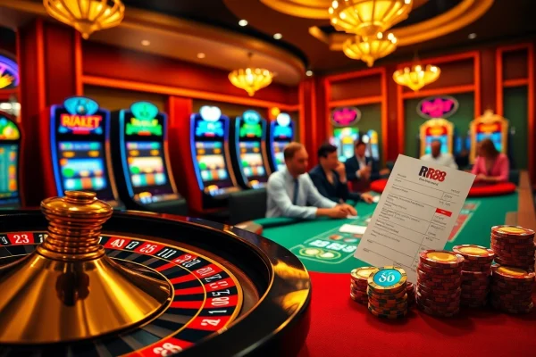 Exciting gameplay at RR88 with roulette wheels and poker chips in action.