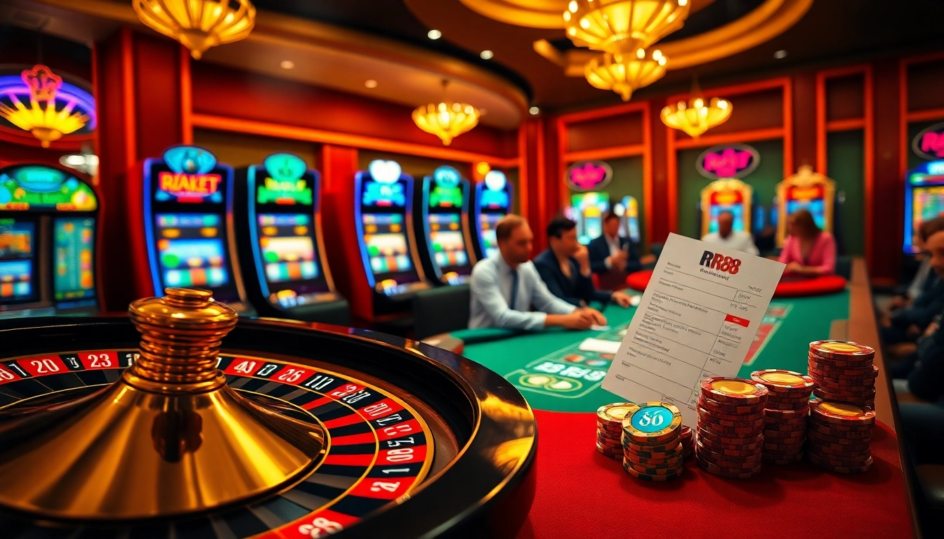 Exciting gameplay at RR88 with roulette wheels and poker chips in action.