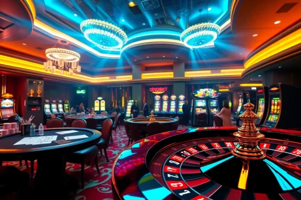 Experience the thrill of gambling with hdbet.com at a vibrant casino filled with tables, chips, and anticipation.