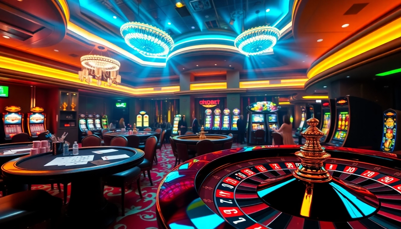 Experience the thrill of gambling with hdbet.com at a vibrant casino filled with tables, chips, and anticipation.