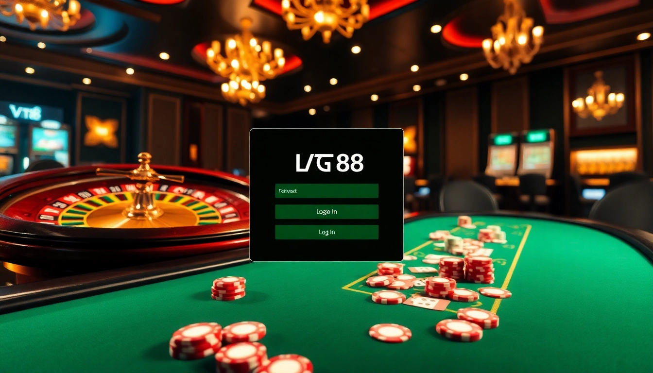 Exciting casino atmosphere featuring a digital login interface for ĐĂNG NHẬP VT88, roulette wheel, and poker table.