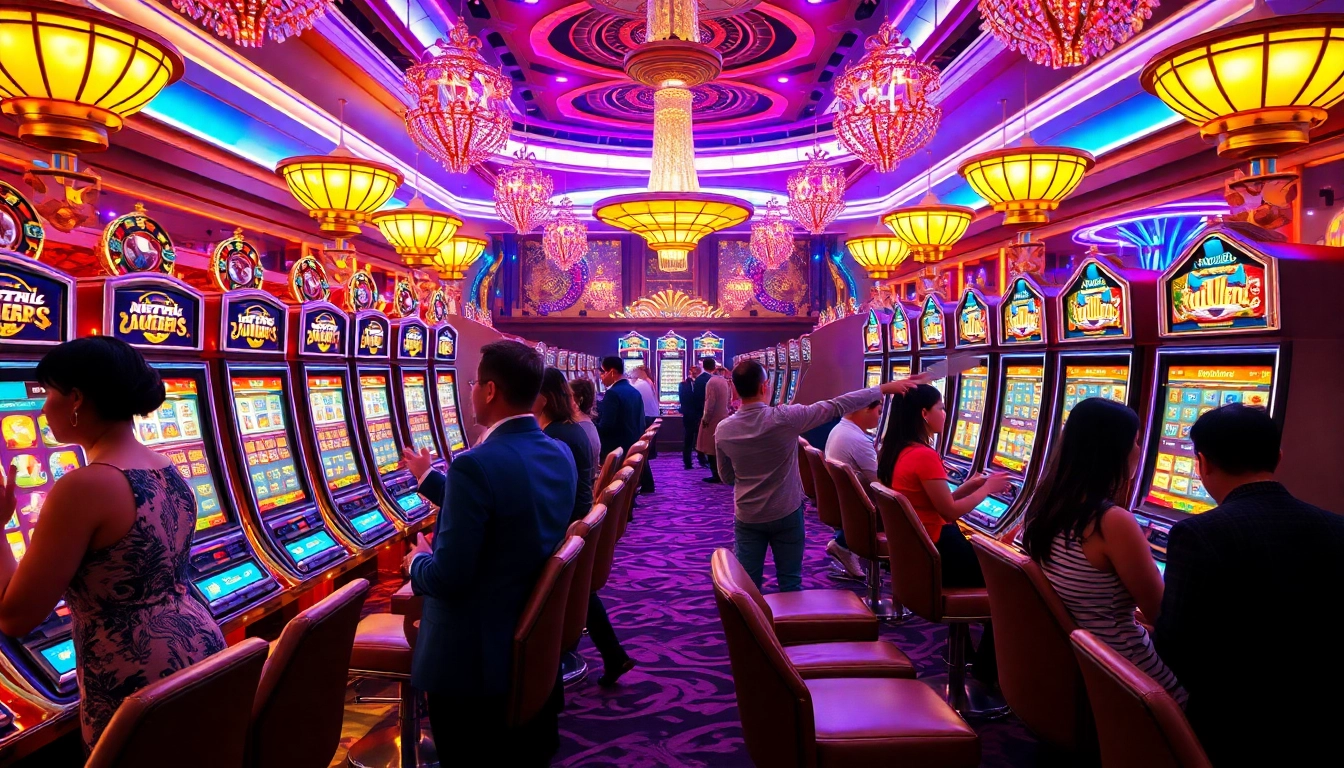 Excited players celebrating wins at lively nổ hũ slot machines in a luxurious casino.