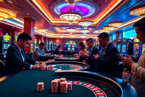 Engage with app bem92 in a vibrant casino setting featuring poker, roulette, and slot machines.