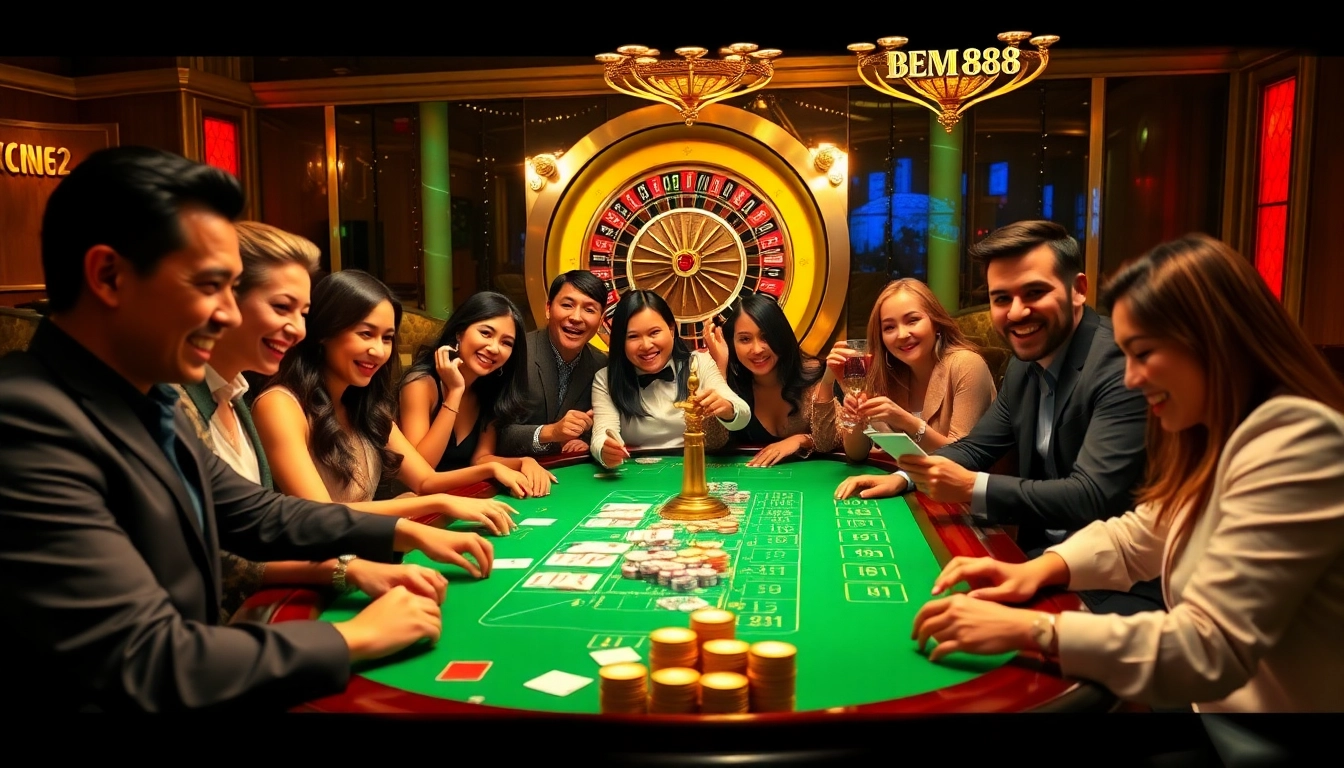 Experience the excitement of ĐĂNG KÝ BEM88 at a vibrant casino table with engaged players and luxurious decor.