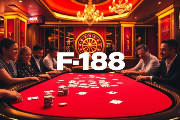 Exciting poker action at a lavish casino featuring F168 signage and vibrant table games.