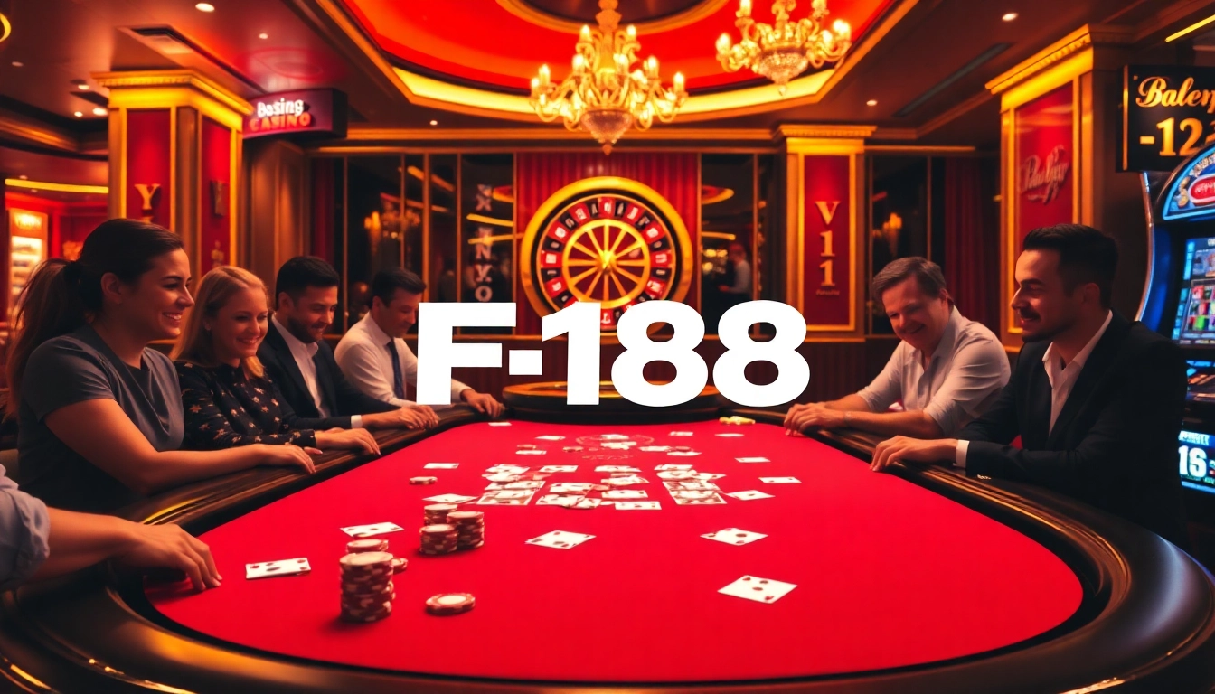 Exciting poker action at a lavish casino featuring F168 signage and vibrant table games.