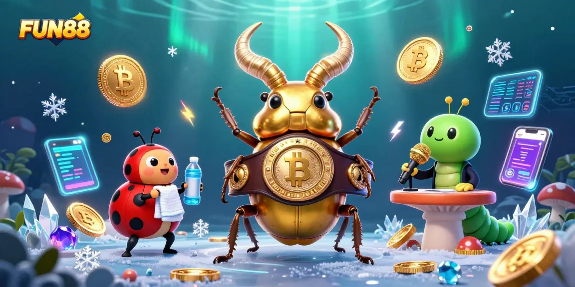 Engage with FUN88 as characters battle in a 3D casino world, showcasing vibrant neon crypto elements.