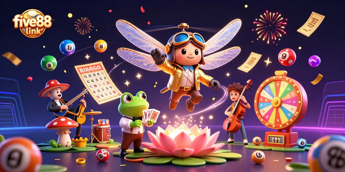 Experience the excitement of five88 link as colorful lottery balls and a dynamic dragonfly pilot brighten the casino scene.